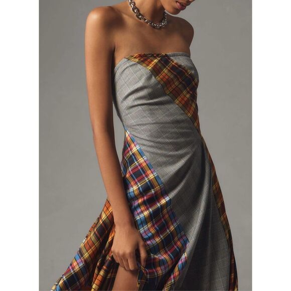 Anthropologie Dresses & Skirts - Anthropologie Maeve Plaid Patchwork Strapless Asymmetrical Midi Handkerchief Dre
